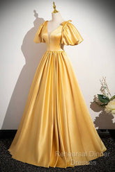 Yellow V-Neck Satin Long Semi Formal Prom Dress, Yellow A-Line Short Sleeve Evening Dress